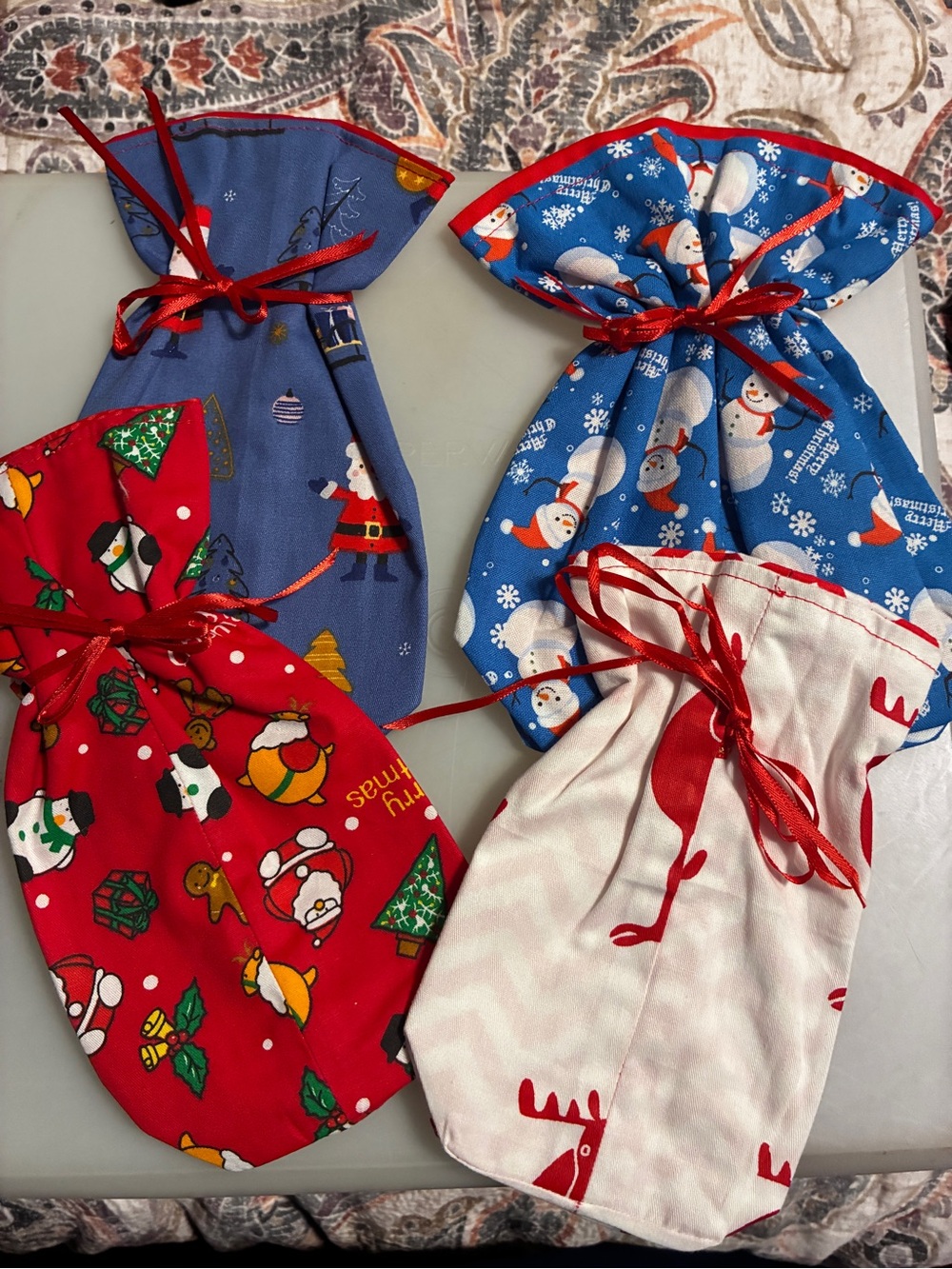 Festive Holiday Cloth Gift Bags - Multi-Color Set of 4 - Picture 2 of 4